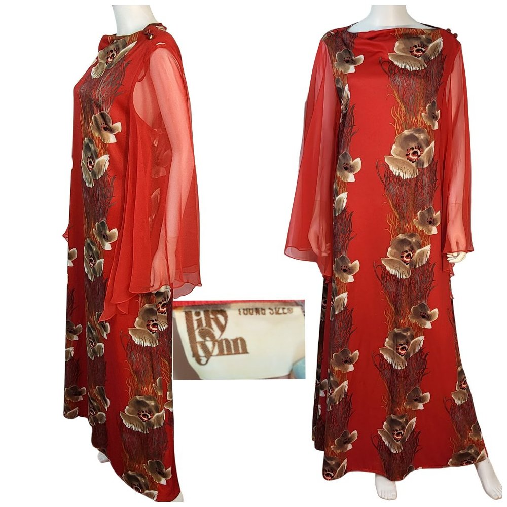 VOLUP Vtg Giant Op Art Red Poppy Poly Maxi Dress Sheer Drama Sleeve Lily Lynn
